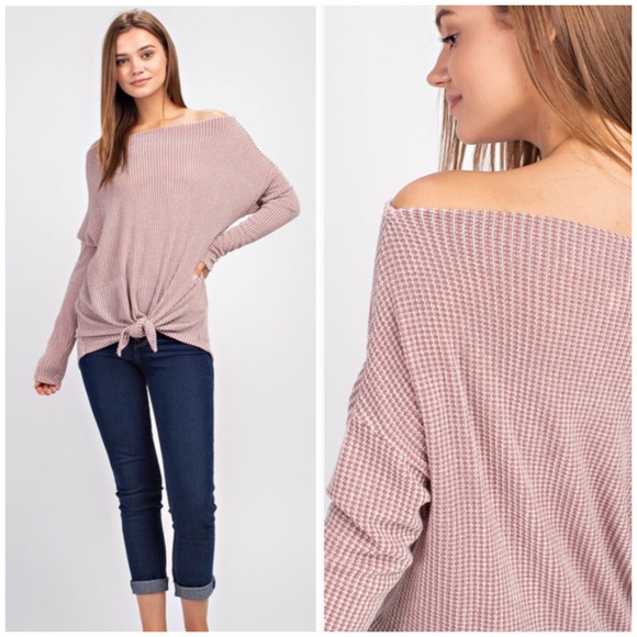 SALE! {LAST1} Wafer Knit Off Shoulder Tie Top - Picture 2 of 2